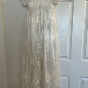 Christening Girls White Lace Floral Embroidered Dress